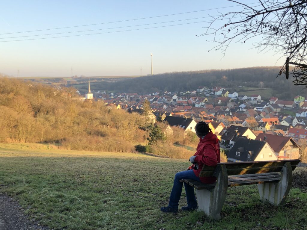 Dorf im Tal - umgeben von Wald und Weinbergen.