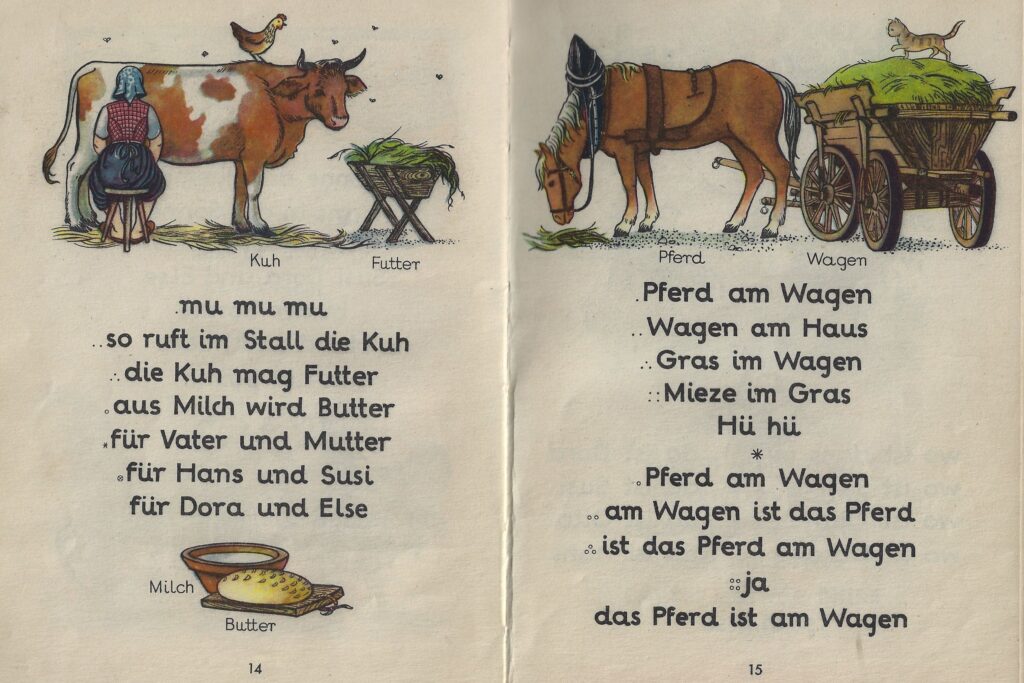Doppelseiten aus der Fibel „Mein erstes Buch zum Anschauen, Zeichnen, Lesen und Schreiben“ von Hans Brückl, Bayerischer Schulbuch Verlag und Oldenbourg Verlag, München, 1948.